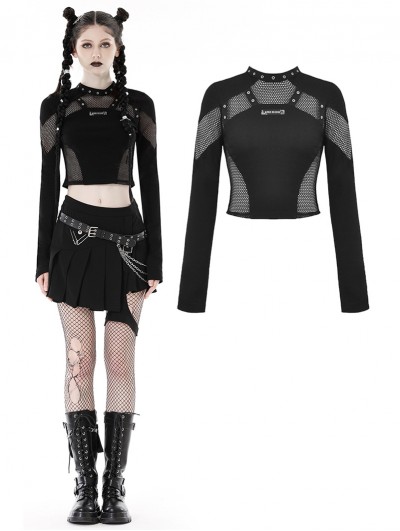 Dark in Love Black Gothic Punk Mesh Spliced Long Sleeve Short T-Shirt for Women