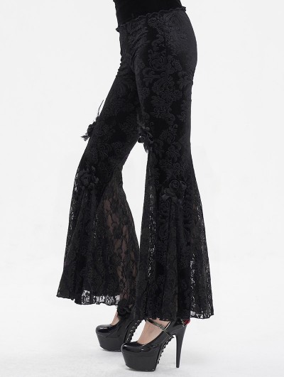 Eva Lady Black Vintage Gothic Velvet Lace Floral Pattern Flared Pants for  Women 