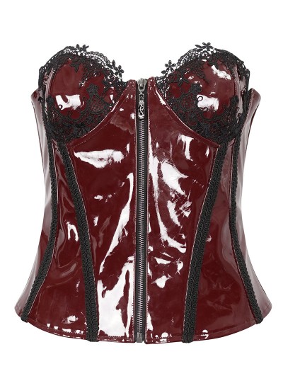 Devil Fashion Wine Red Gothic Lace Trim Leather Overbust Corset Top for Women