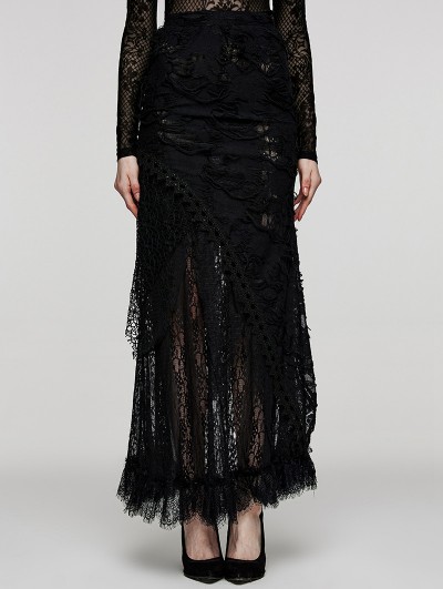 Punk Rave Black Gothic Decadent Ripped Knit Asymmetric Lace Long Skirt