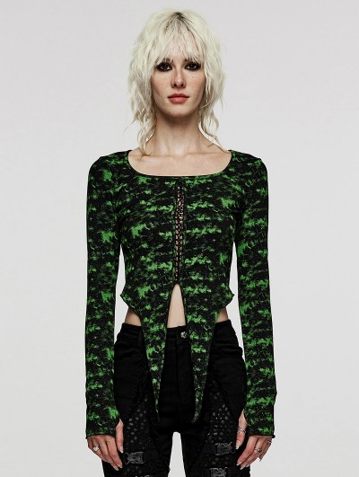 Punk Rave Black and Green Gothic Punk Daily Long Sleeve Irregular T-Shirt for Women