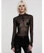 Punk Rave Black Gothic Small Cross Print Sexy Mesh T-Shirt for Women