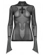 Punk Rave Black Gothic Small Cross Print Sexy Mesh T-Shirt for Women