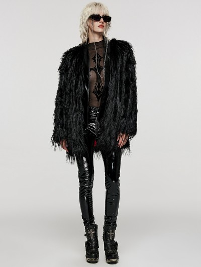 Punk Rave Black Gothic Fashion Untrimmed Warm Faux Fur Coat for Women 