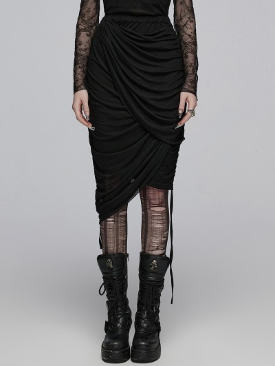 Punk Rave Black Gothic Drape Cut Multi Layered Fit Wrap Half Skirt