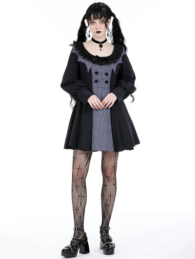 Dark in love Black Gothic Pinstripe Long Sleeve Academism Short Dress DarkinCloset