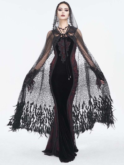Eva Lady Black Gothic Sequin Feather Mesh Hooded Long Cloak for Women