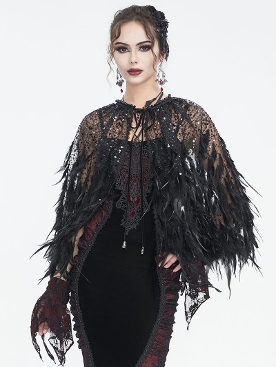 Eva Lady Black Gothic Sequin Beaded Short Feather Cape for Women