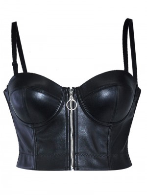 Woman PU Leather Bustier Corset Crop Top Gothic Punk Push Up Spaghetti  Strap Bra