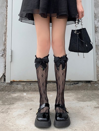 Black Sweet Gothic Lolita Floral Lace Bow Ruffle Calf Socks