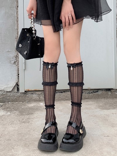 Black Gothic Ruffle Trim Bow Pearl Striped Knee Socks