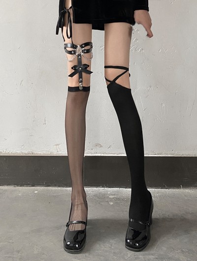 Black Gothic Punk Studded Garter Lace-Up Asymmetric Stockings