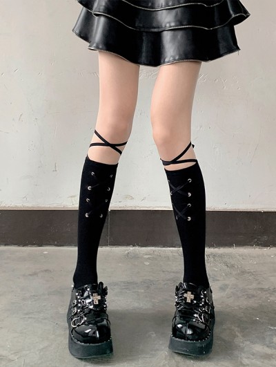 Black Gothic Stylish Eyelet Cross Strap Knee High Socks