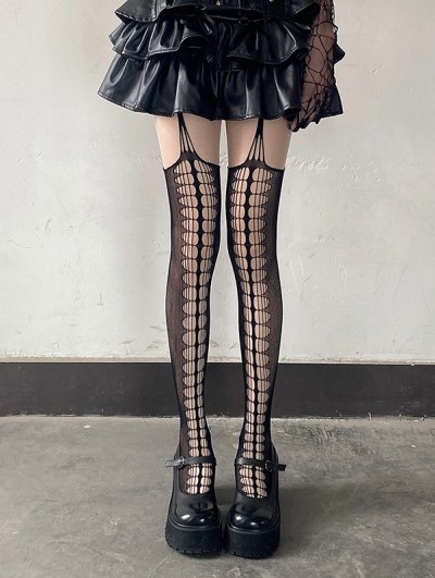 Black Gothic Grunge Hollow Out Fishnet Suspender Tights