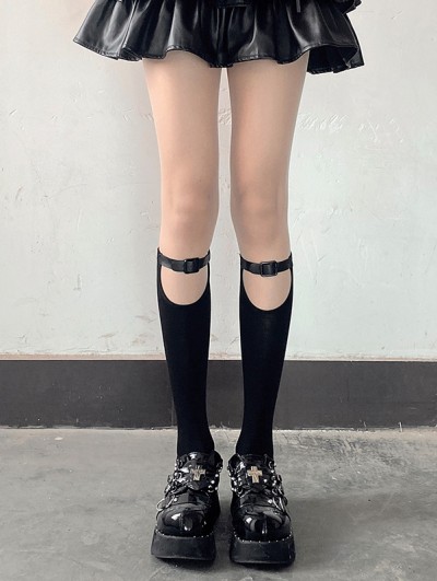 Black Gothic Sweet Cool Faux Leather Buckle Knee Socks