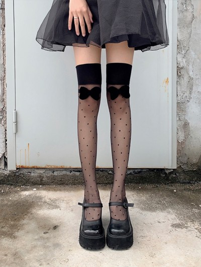 Black Gothic Velvet Bow Over-the-Knee Sheer Polka Dot Socks