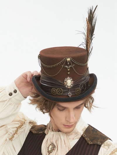 Devil Fashion Brown Steampunk Rolled Brim Top Hat for Men