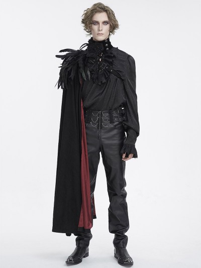 Devil Fashion Black Gothic Medieval One Shoulder Feather Long Cape for Men