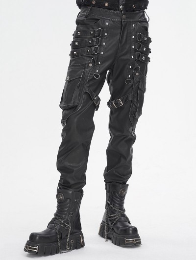 Devil Fashion Black and Silver Studded Punk Gothic Leather Fitted Pants for Men