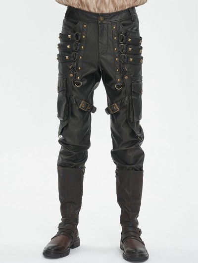 Devil Fashion Black and Bronze Studded Punk Gothic Leather Fitted Pants for Men