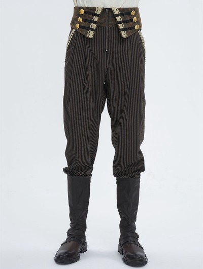 Devil Fashion Brown Steampunk Striped Lace Up Loose Fit Trousers for Men