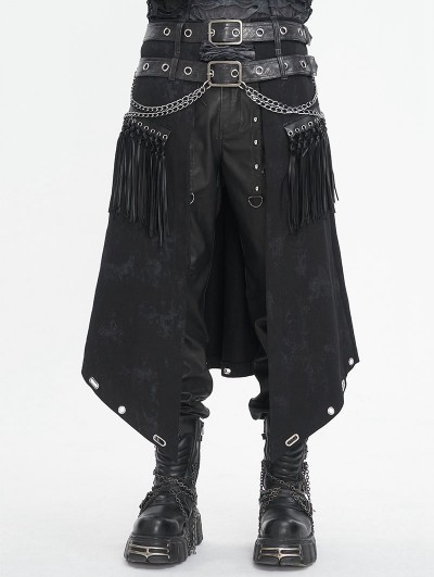Devil Fashion Black Gothic Punk Leather Tasseled Open Front Skirt for Men