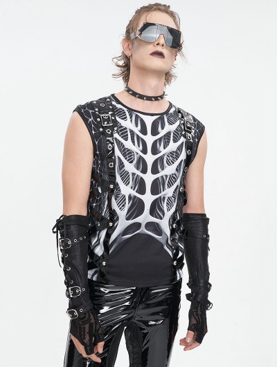 Devil Fashion Black Gothic Punk Streetwear Skeleton Print Vest Top for Men