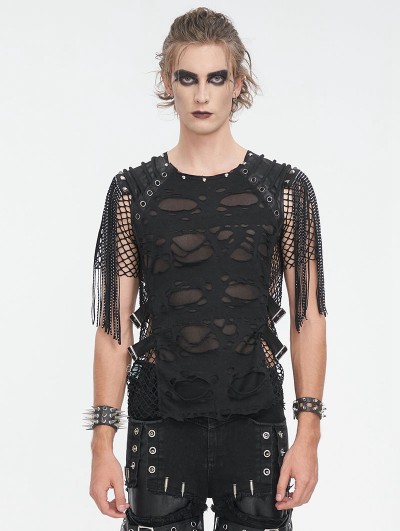 Devil Fashion Black Gothic Punk Ripped Fishnet Short Sleeve T-Shirt for Men