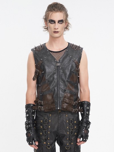 Devil Fashion Black Gothic Punk Spiked Faux Leather Zip-Up Waistcoat for Men