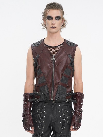 Devil Fashion Wine Red Gothic Punk Spiked Faux Leather Zip-Up Waistcoat for Men