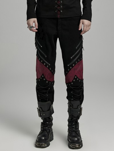 Punk Rave Black and Red Gothic Punk Distressed Irregular Patchwork Pants for Men