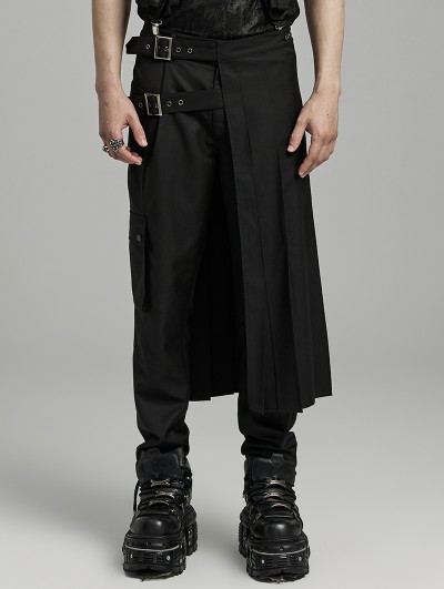 Punk Rave Black Gothic Punk Asymmetrical Buckle Pleated Skirt for Men