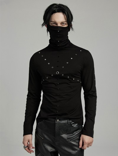 Punk Rave Black Gothic Punk High Collar Knitted Long Sleeve T-Shirt for Men