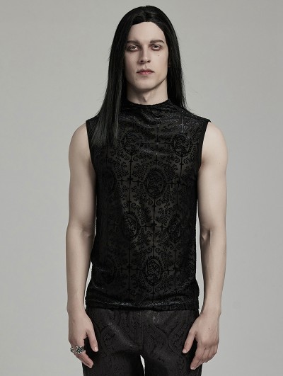 Punk Rave Black Vintage Gothic Flocked Mesh Pattern Tank Top for Men