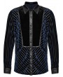 Punk Rave Black and Blue Gothic Striped Velvet Spliced Military Men's Fitted Shirt