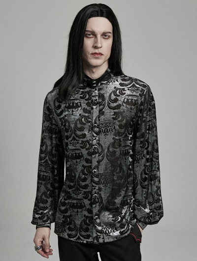 Punk Rave Black and Grey Vintage Gothic Velvet Floral Crown Pattern Men's Fit Shirt