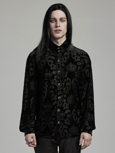 Punk Rave Black Vintage Gothic Velvet Floral Crown Pattern Men's Fit Shirt