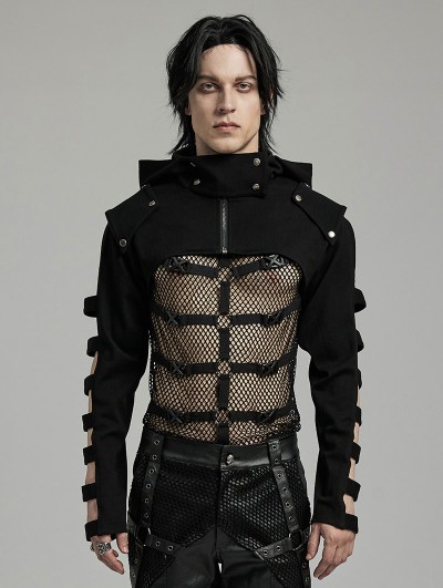 Punk Rave Black Gothic Punk Men's Hollow Out Sleeves Short Hooded Jacket