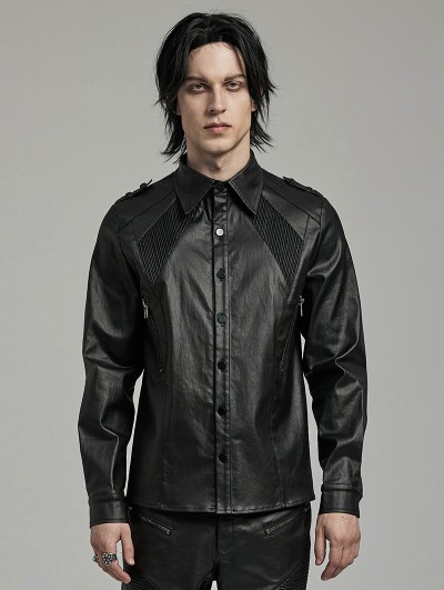 Punk Rave Black Gothic Punk Stylish Faux Leather Fitted Shirt for Men
