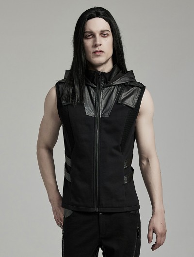 Punk Rave Black Gothic Punk Techwear Hooded Vest for Men