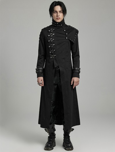 Punk Rave Black Gothic Punk Textured Asymmetrical Long Jacket for Men