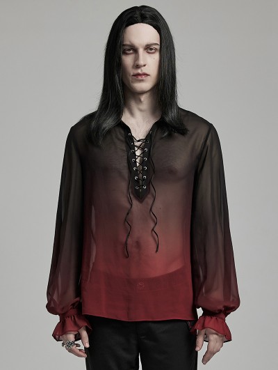 Punk Rave Black and Red Vintage Gothic Loose Lantern Sleeve Perspective Chiffon Shirt for Men