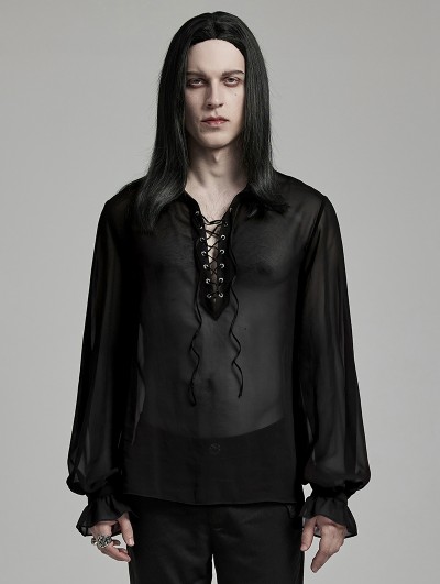 Punk Rave Black Gothic Vintage Loose Lantern Sleeve Perspective Chiffon Shirt for Men