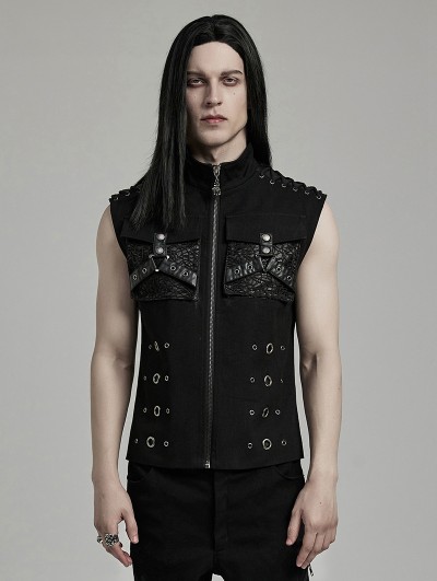 Punk Rave Black Gothic Punk Metal Personalized 3D Pocket Vest for Men