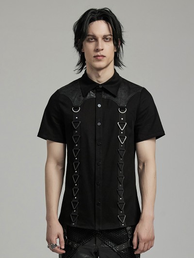 Punk Rave Black Gothic Punk Triangle Buckle Short Sleeve Shirt for Men