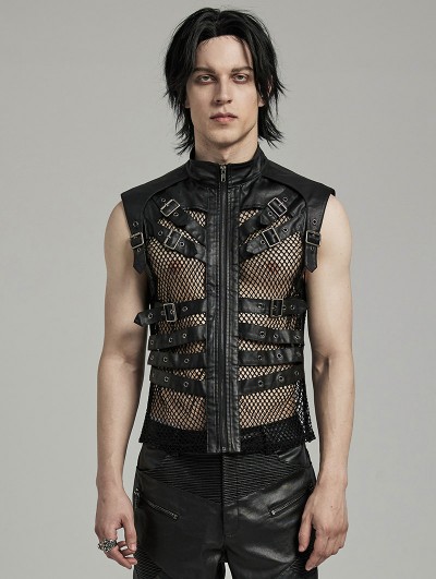 Punk Rave Black Gothic Punk Handsome Mesh Leather Loop Hollow Vest for Men