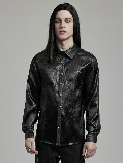 Punk Rave Black Gothic Daily Crack Leather Textured Fitted Men's Shirt