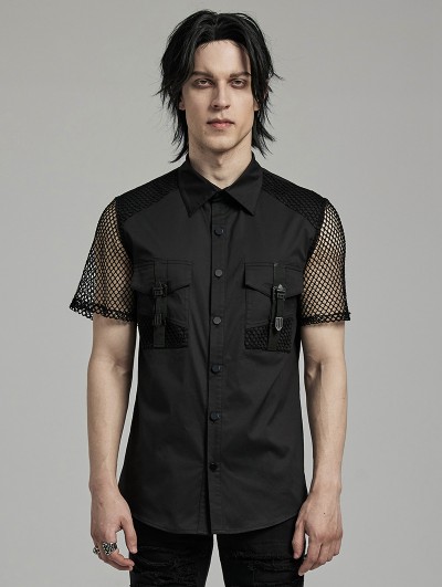 Punk Rave Black Gothic Punk Men's Short Mesh Sleeve Shirt