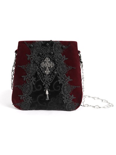 Devil Fashion 
Wine Red Gothic Retro Velvet Lace Applique Chain Strap Shoulder Bag