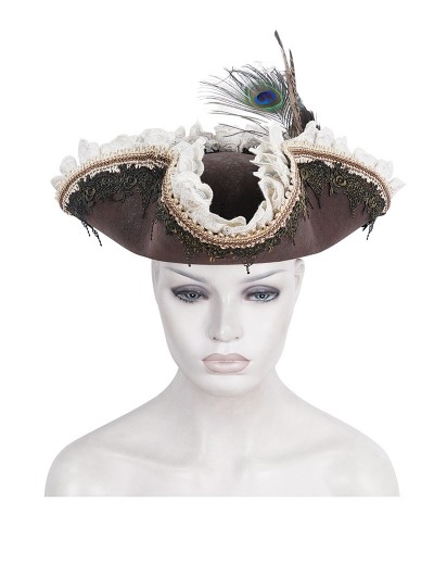 Devil Fashion Brown Retro Gothic Lace Ruffle Feather Costume Pirate Hat for Women